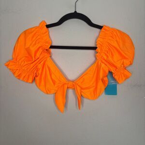 Unique21 Bikini Top Womens US 6 UK 10 Neon Orange Tie Front Puff Sleeve Swimwear